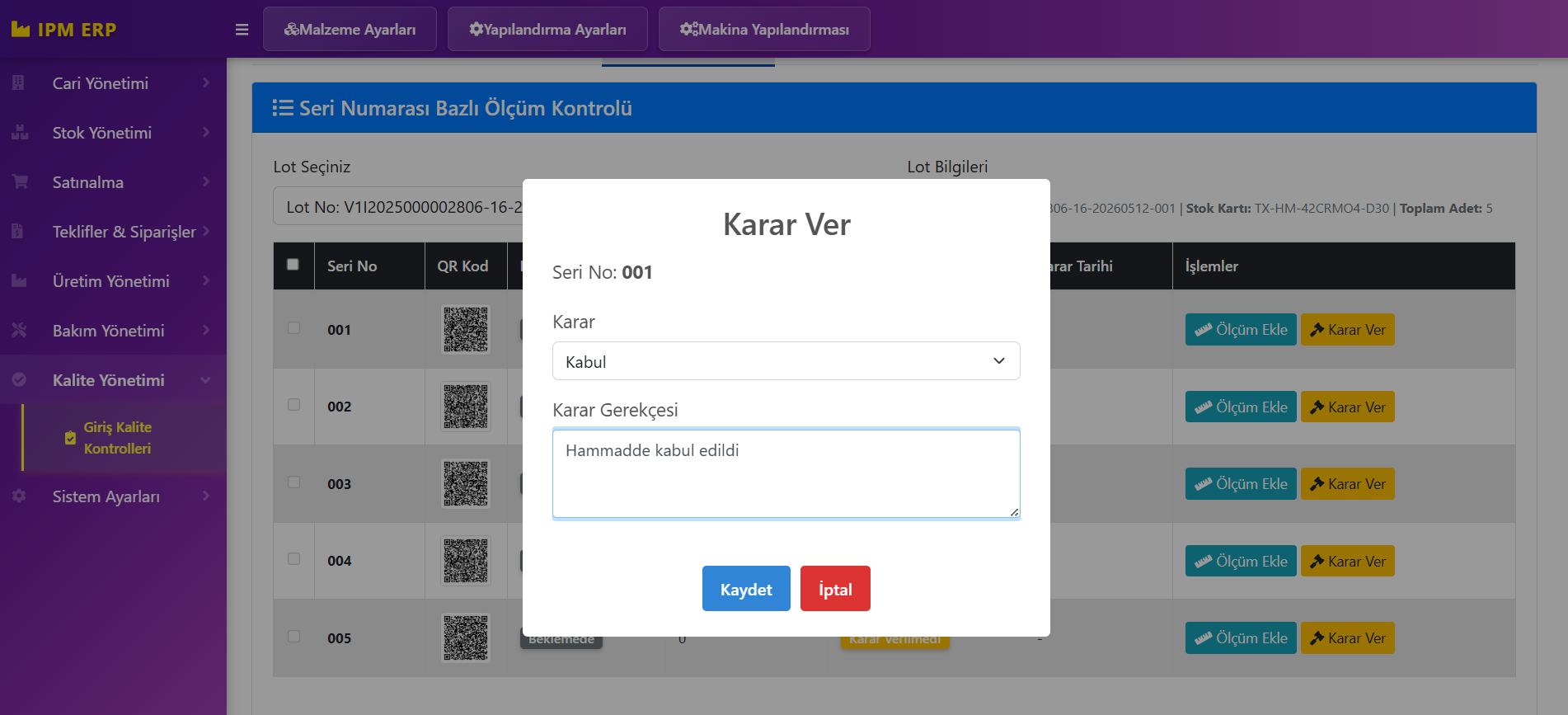 Karar Ver: kabul, şartlı kabul veya ret seçimi ve karar gerekçesi