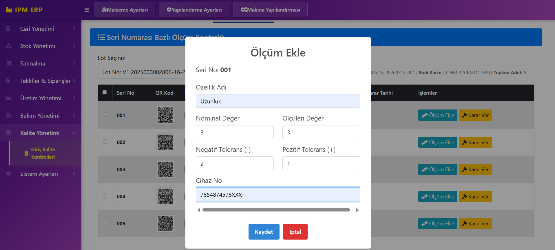 Ölçüm Ekle: özellik adı, nominal ve ölçülen değer, toleranslar ve cihaz numarası