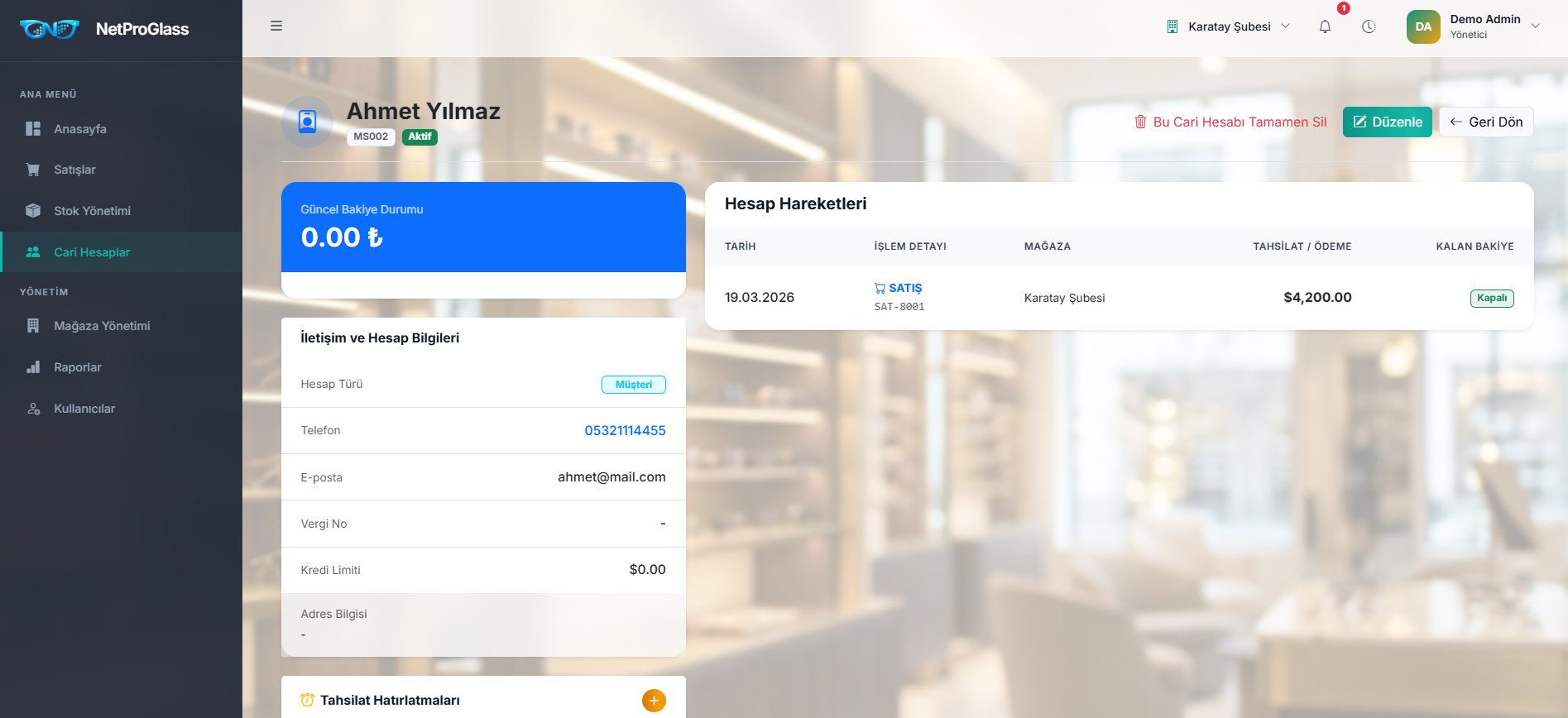 NetProGlass cari hesap: müşteri profili, bakiye ve hesap hareketleri