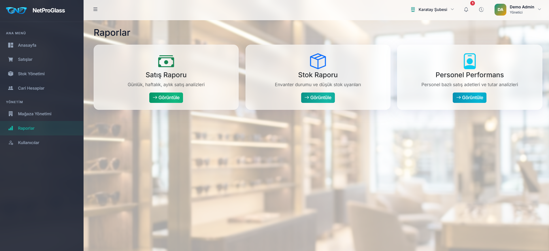 NetProGlass raporlar: satış, stok ve personel performans modülleri