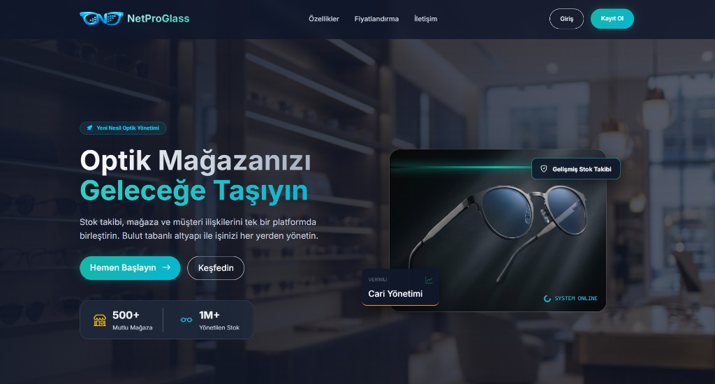 NetProGlass — optik mağaza yönetim platformu ana ekran