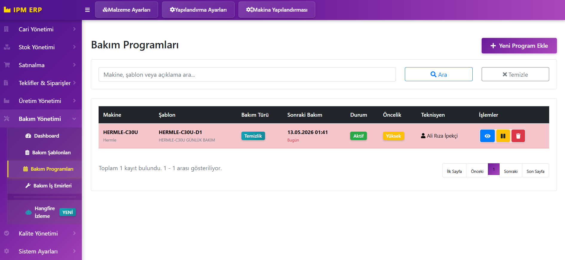 Bakım Programı: Genel Bilgiler sekmesi