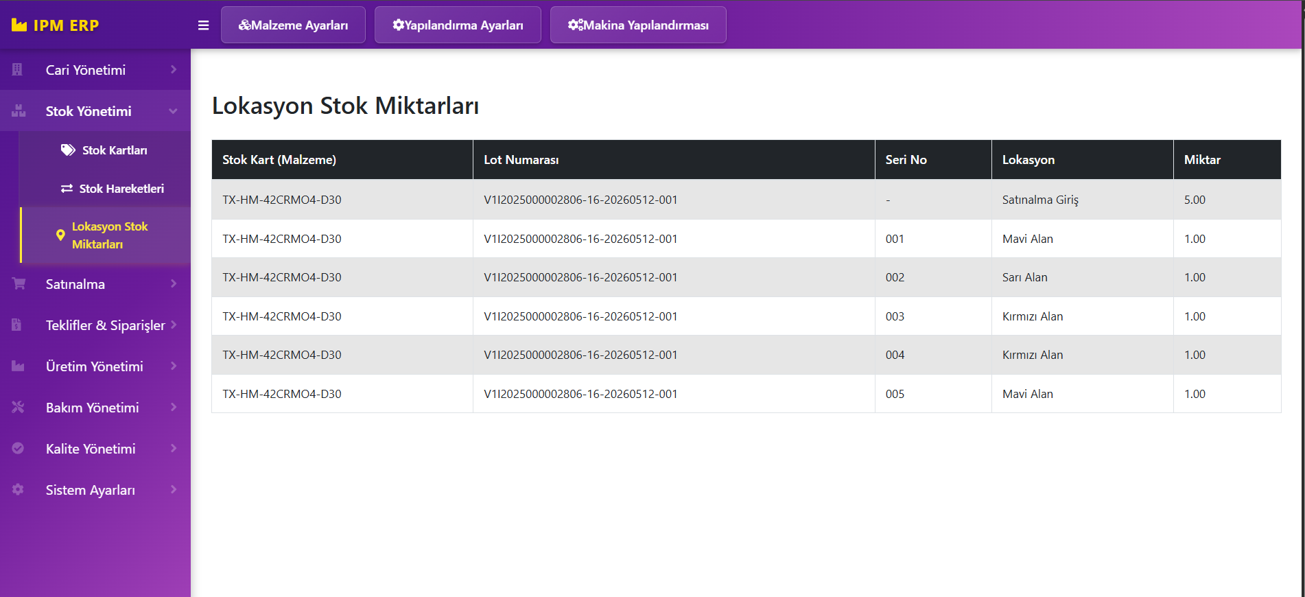 Lokasyon stok miktarları: lot, seri ve lokasyon bazında miktar