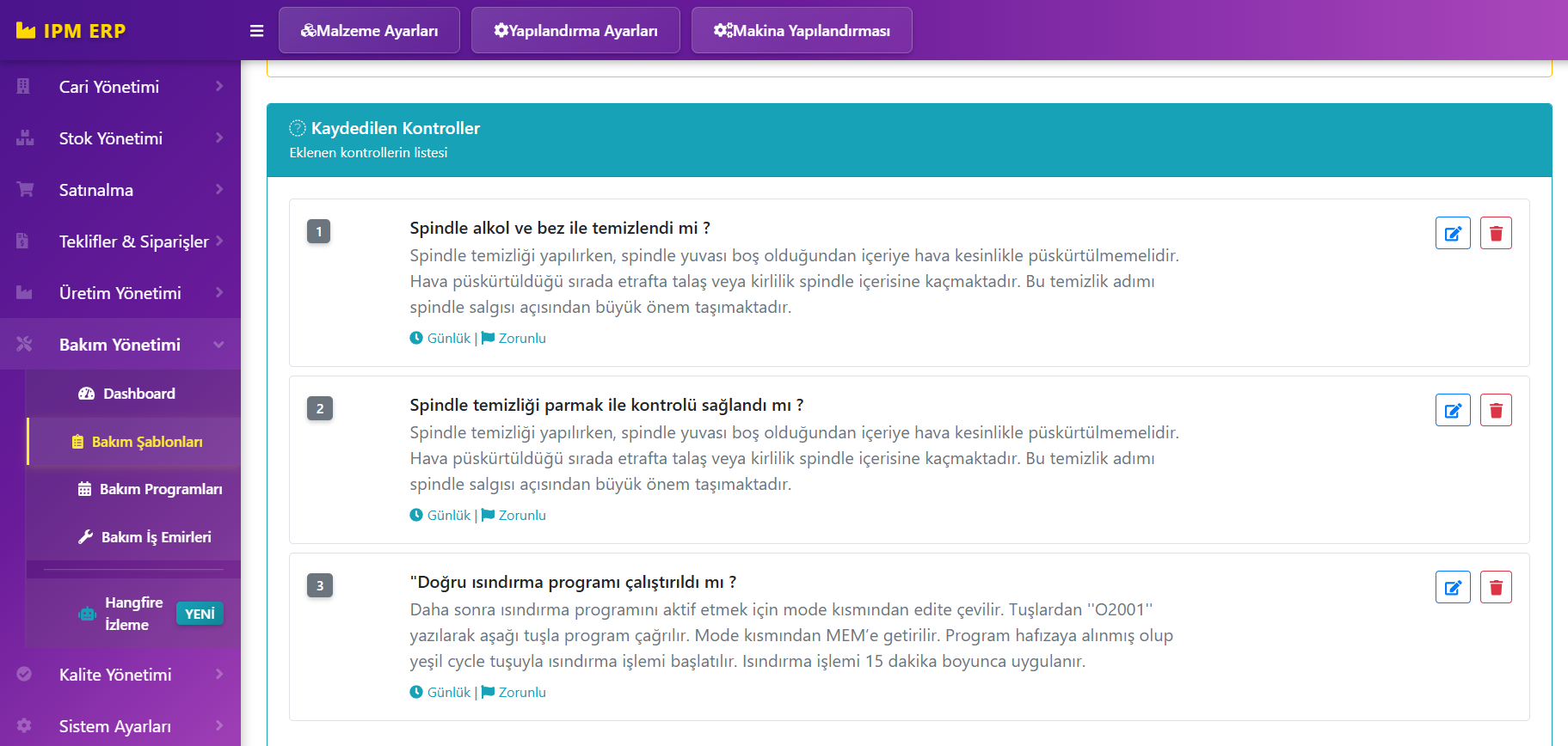 Bakım Şablonu detayı ve adımların tanımlanması